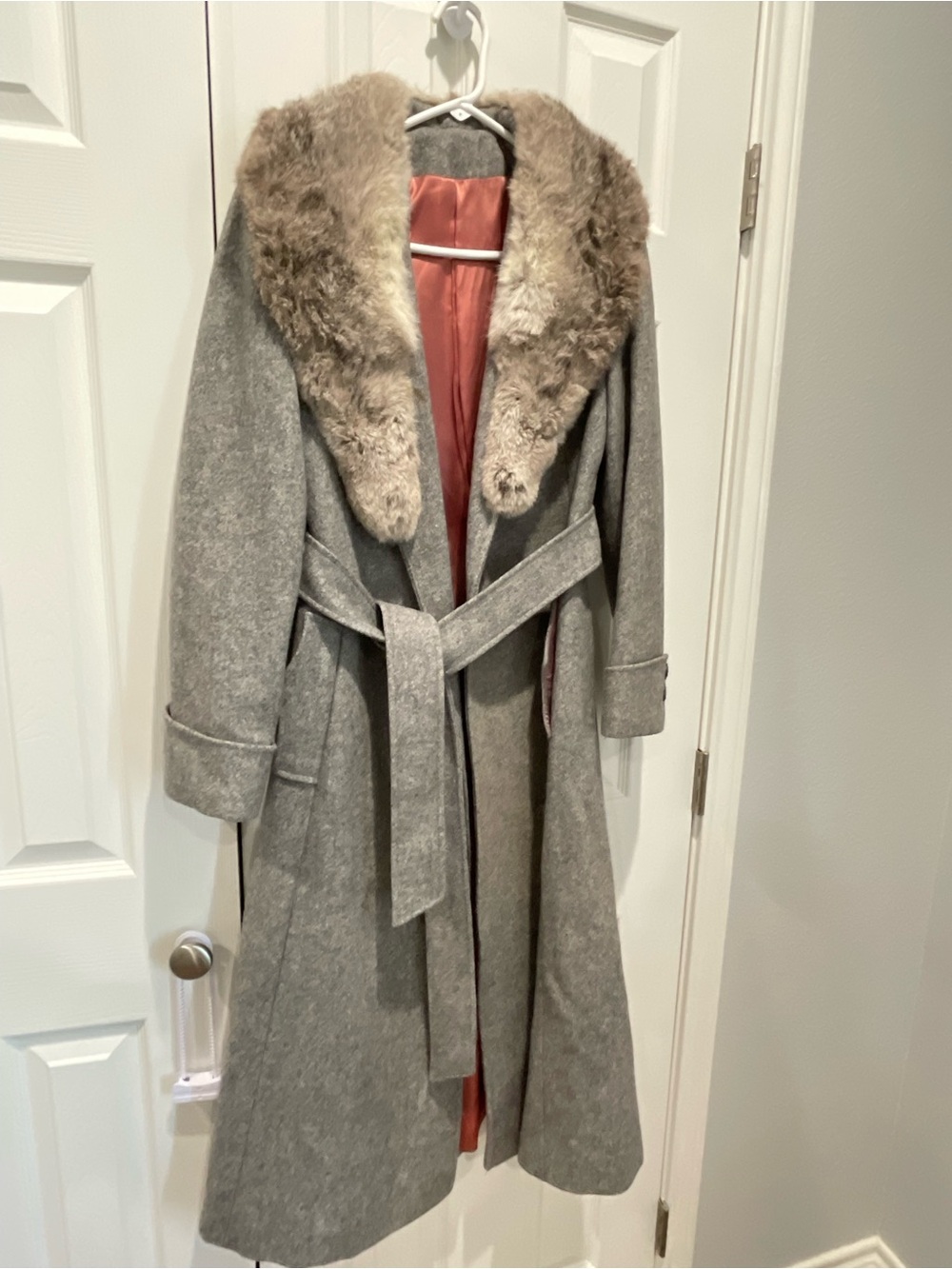Gray Wool-Blend Long Coat with Rabbit Fur Collar